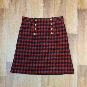 Brooks Brothers‎ Wool Blend Buffalo Check A-Line Skirt Red Black Gold Button
